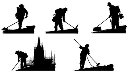 Six Asbestos Removal Worker Silhouettes in Protective Gear isolated on plain white background.のイラスト素材