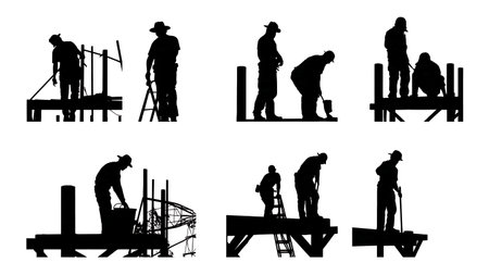 Boardwalk Construction and Repair Crew Black Solid Silhouettes isolated on plain white background.のイラスト素材