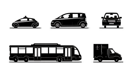Collection of Six Autonomous Vehicle and Self-Driving Car Silhouettes isolated on plain white background.のイラスト素材