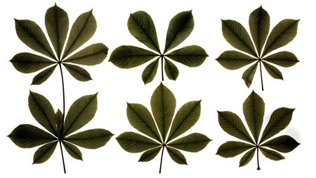 Black Vector Silhouettes of Six Buckeye Tree Leaves isolated on plain white background.のイラスト素材