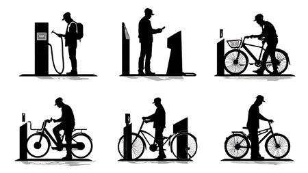 Black Silhouettes of a Bike-Share Maintenance Crew Set of Six isolated on plain white background.のイラスト素材