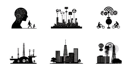 AI in Urban Planning and Smart City Design Black Solid Silhouettes isolated on plain white background.のイラスト素材