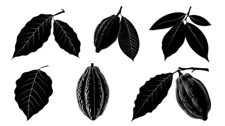 Cacao (Chocolate) Tree Leaf and Pod Black Vector Silhouette Set isolated on plain white background.のイラスト素材