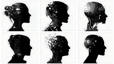 Six Deepfake Technology and Face Manipulation Silhouettes isolated on plain white background.