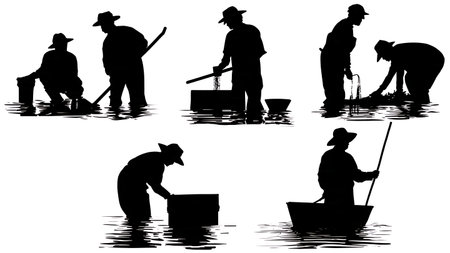 Six City Hydrologist Water Testing Silhouettes isolated on plain white background.のイラスト素材