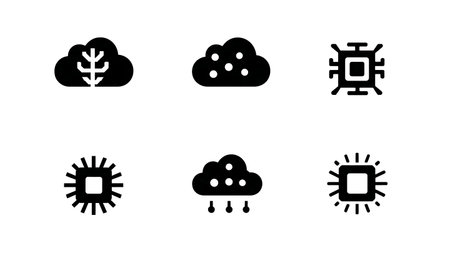 Minimalist Set of Six Cloud AI Service Silhouettes isolated on plain white background.