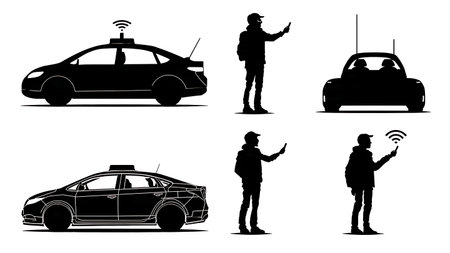 Collection of Six Autonomous Taxi and Ride-Sharing Silhouettes isolated on plain white background.のイラスト素材