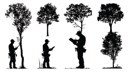 Set of Six City Forester Tree Inspector Silhouettes isolated on plain white background.のイラスト素材
