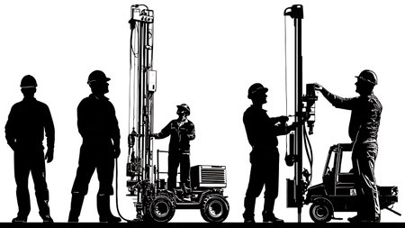 Collection of Six Drilling and Boring Crew Silhouettes isolated on plain white background.のイラスト素材