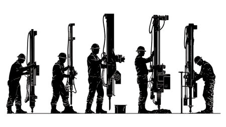 Collection of Six Drilling and Boring Crew Silhouettes isolated on plain white background.のイラスト素材