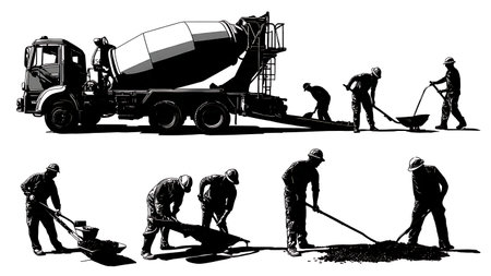 Black Silhouettes of Concrete Pouring Crew at Work Set of Six isolated on plain white background.のイラスト素材