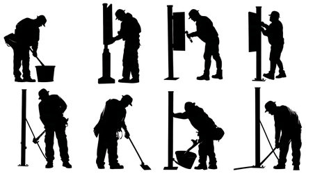 Six Bus Stop Sign and Shelter Installer Silhouettes isolated on plain white background.のイラスト素材