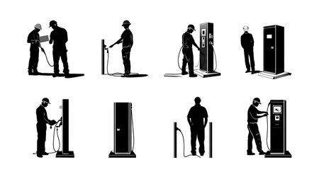 EV Charging Station Installer Black Silhouette Collection isolated on plain white background.のイラスト素材