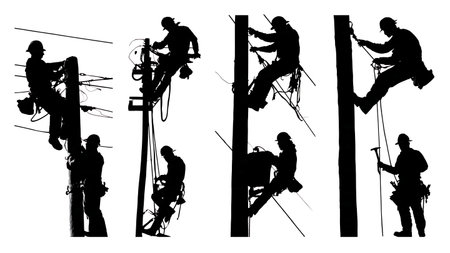 Black Vector Silhouettes of Six Electrical Linemen at Work isolated on plain white background.のイラスト素材