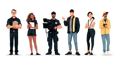 City Film Commission and Movie Crew Silhouette Collection isolated on plain white background.のイラスト素材