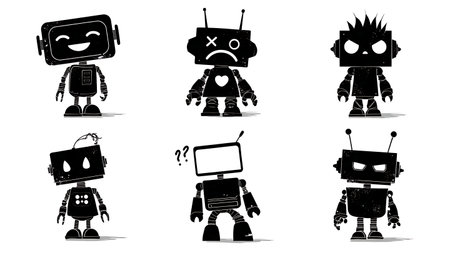 Six Emotional Robot Silhouettes in Black isolated on plain white background.のイラスト素材