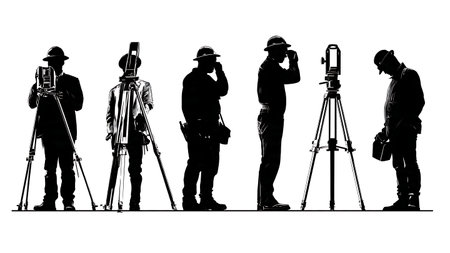 Collection of Six Surveyor Silhouettes with Professional Equipment isolated on plain white...