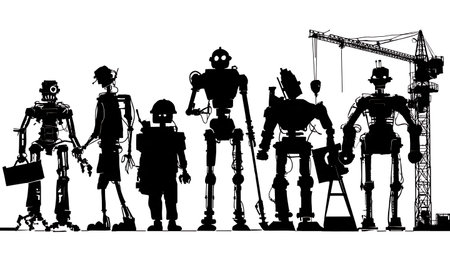 Silhouettes of Six Construction Robots at a Building Site isolated on plain white background.のイラスト素材