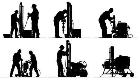 Collection of Six Drilling and Boring Crew Silhouettes isolated on plain white background.のイラスト素材
