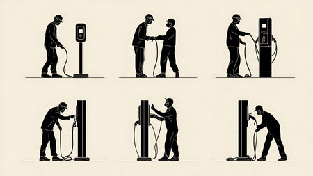 EV Charging Station Installer Black Silhouette Collection isolated on plain white background.