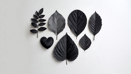 Minimalist Heart Shape Made of Six Leaf Silhouettes isolated on plain white background.のイラスト素材