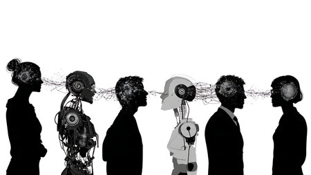 Human and Robot Mind Connection Black Vector Silhouette Set of Six isolated on plain white...