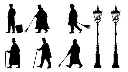 Historic City Lamplighter Black Vector Silhouette Set of Six isolated on plain white background.のイラスト素材