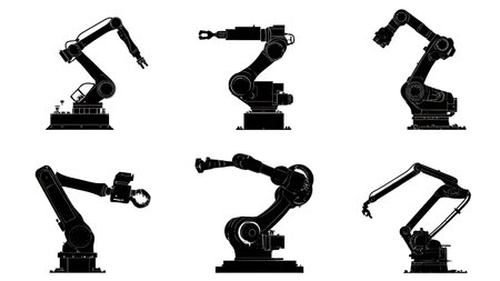 Black Silhouettes of Industrial Robotic Arms in Action Set isolated on plain white background.のイラスト素材