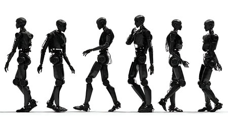 Collection of Six Humanoid Robot Silhouettes in Walking Poses isolated on plain white background.