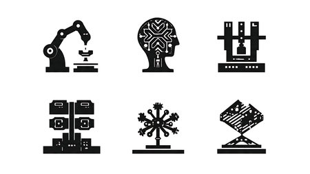 Collection of Six Generative AI Content Creation Silhouettes isolated on plain white background.のイラスト素材