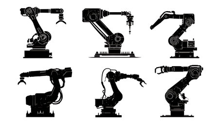 Black Silhouettes of Industrial Robotic Arms in Action Set isolated on plain white background.のイラスト素材