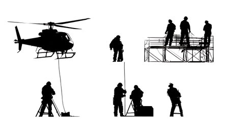 Collection of Six Helicopter Rooftop Lift Crew Silhouettes isolated on plain white background.のイラスト素材