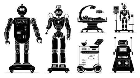 Medical and Healthcare Robot Black Silhouette Collection isolated on plain white background.のイラスト素材