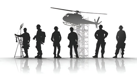 Collection of Six Helicopter Rooftop Lift Crew Silhouettes isolated on plain white background.のイラスト素材