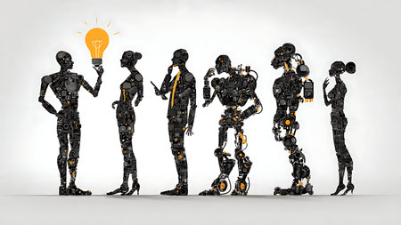 Abstract Human-AI Creative Partnership Black Silhouette Set isolated on plain white background.のイラスト素材