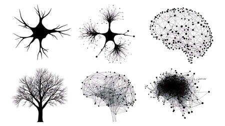 Black Silhouettes of Abstract Neural Network and AI Brain Concepts isolated on plain white...