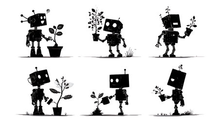 Robot and Plant Interaction Black Vector Silhouette Set of Six isolated on plain white background.