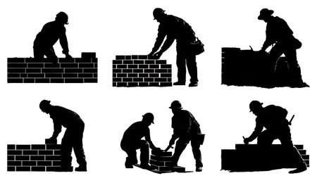 Six Masonry and Bricklayer Worker Silhouettes Building a Wall isolated on plain white background.のイラスト素材