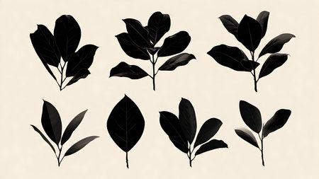 Bold and Simple Magnolia Leaf Black Silhouette Collection isolated on plain white background.のイラスト素材
