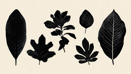 Set of Six Mediterranean Tree Leaf Silhouettes isolated on plain white background.のイラスト素材