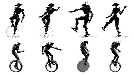 Black Silhouettes of a Balancing Monowheel Robot Set of Six isolated on plain white background.のイラスト素材