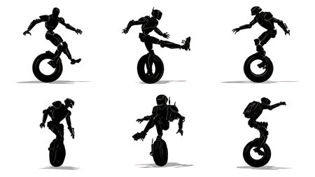 Black Silhouettes of a Balancing Monowheel Robot Set of Six isolated on plain white background.のイラスト素材