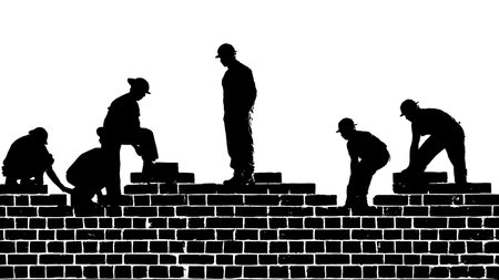 Six Masonry and Bricklayer Worker Silhouettes Building a Wall isolated on plain white background.