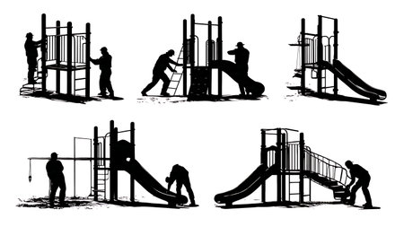 Playground Equipment Installer Silhouettes Set of Six isolated on plain white background.のイラスト素材