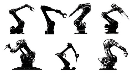 Set of Six Precision Robotic Arm Silhouettes in Action isolated on plain white background.のイラスト素材