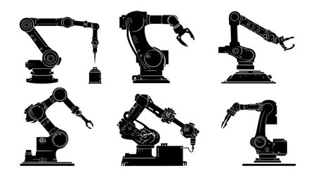 Set of Six Precision Robotic Arm Silhouettes in Action isolated on plain white background.のイラスト素材