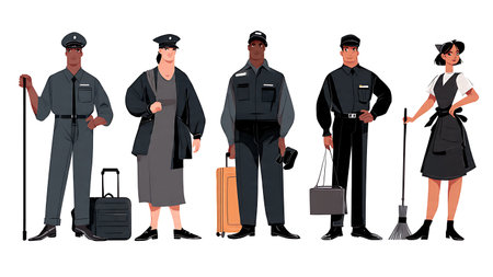Collection of Six Public Transit Worker Silhouettes isolated on plain white background.
