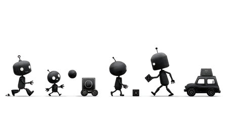 Minimalist Set of Six Robot Children at Play Silhouettes isolated on plain white background.