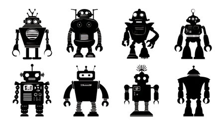 Retro and Vintage 1950s Style Robot Silhouette Collection isolated on plain white background.のイラスト素材