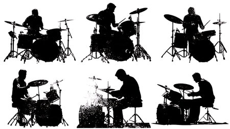 Powerful Blues Rock Drummer Groove Silhouettes isolated on plain white background.のイラスト素材